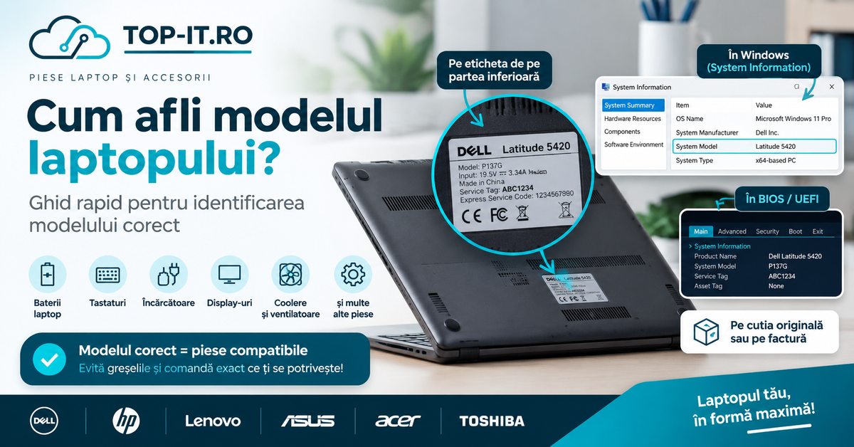 Cum afli modelul exact al laptopului? Ghid pentru Dell, HP, Lenovo, Asus, Acer și Toshiba