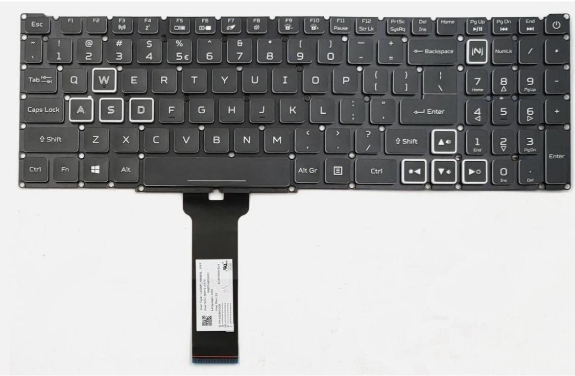 Tastatura laptop pentru Acer Nitro AN515-45-R313 AN515-45-R0ZA AN515-45-R21A neagra cu taste albe, US International, iluminată, cu NumPad