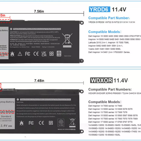 Baterie laptop Dell Inspiron 13 5368 5378 7368 7378 15 5565 5567 Vostro 5468 5568, 3 celule, 3400mAh, 11.4V, Li-Polymer