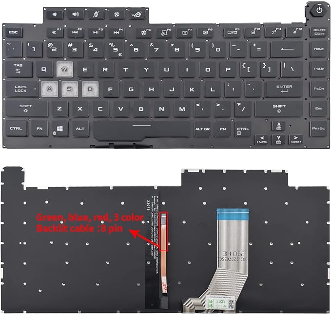 Tastatura laptop pentru Asus ROG Strix Scar III G531GW G531GD G531GT G531GV G531G G15 G512 G512LV G512LW 0KNR0, US International, iluminată, fără NumPad